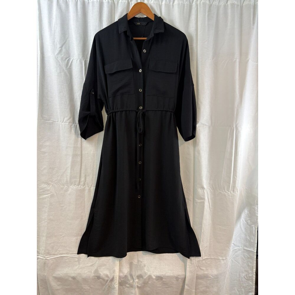 LOB Black Midi Shirt Dress XL 14 Made in Mexico Drawstring Waist Utility Dress